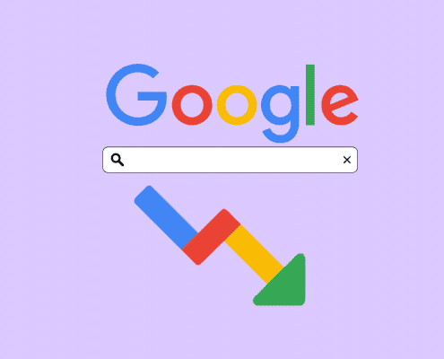 a graphic of the google logo over a search bar and a colored arrow pointing down